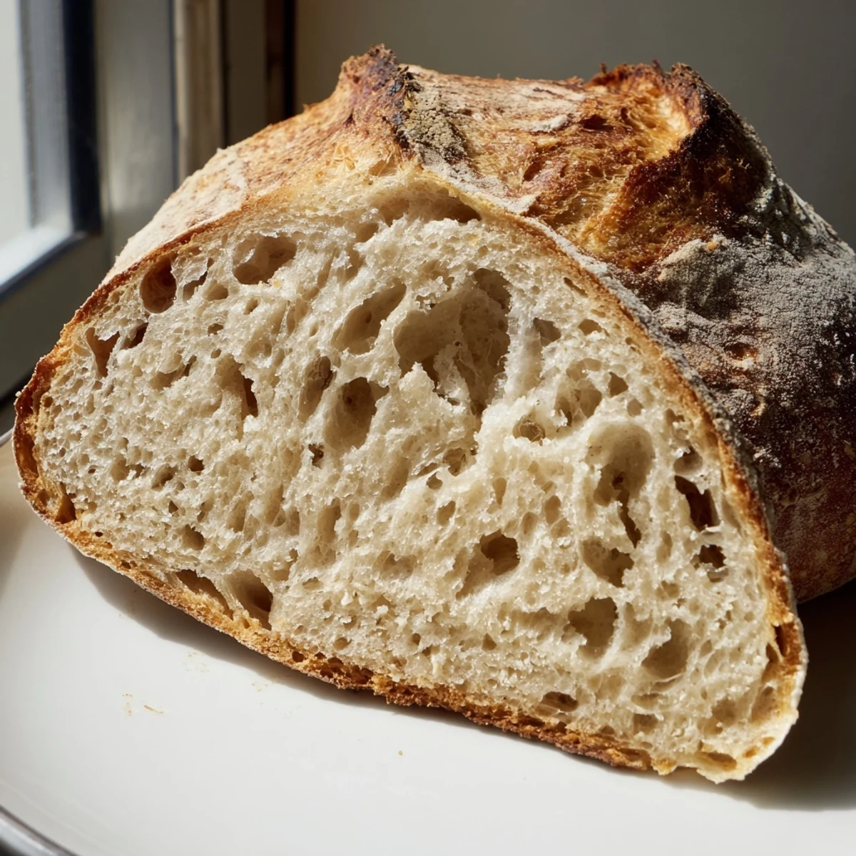 Thick slice of rustic sourdough bread revealing an airy, open crumb