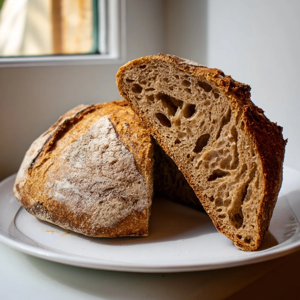 Golden sourdough bread loaf with a crackled crust cooling on a wire rack