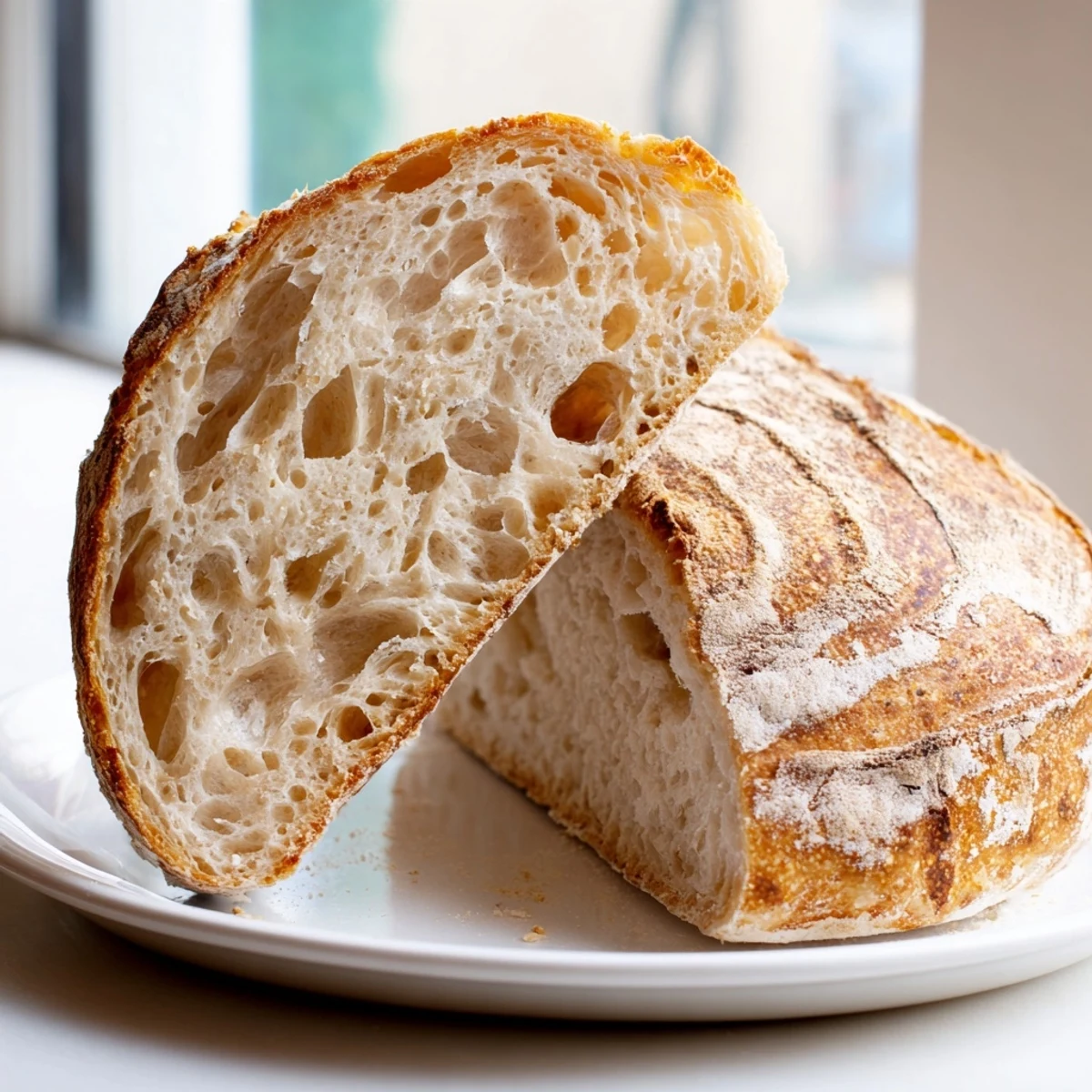 Artisan sourdough bread scored with delicate slashes, fresh from the Dutch oven