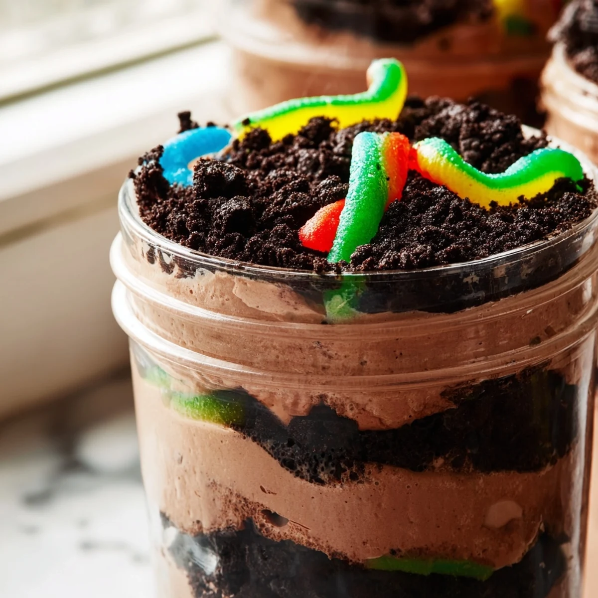 Creamy dirt pudding cups with crushed cookie crumbs and playful gummy worms
