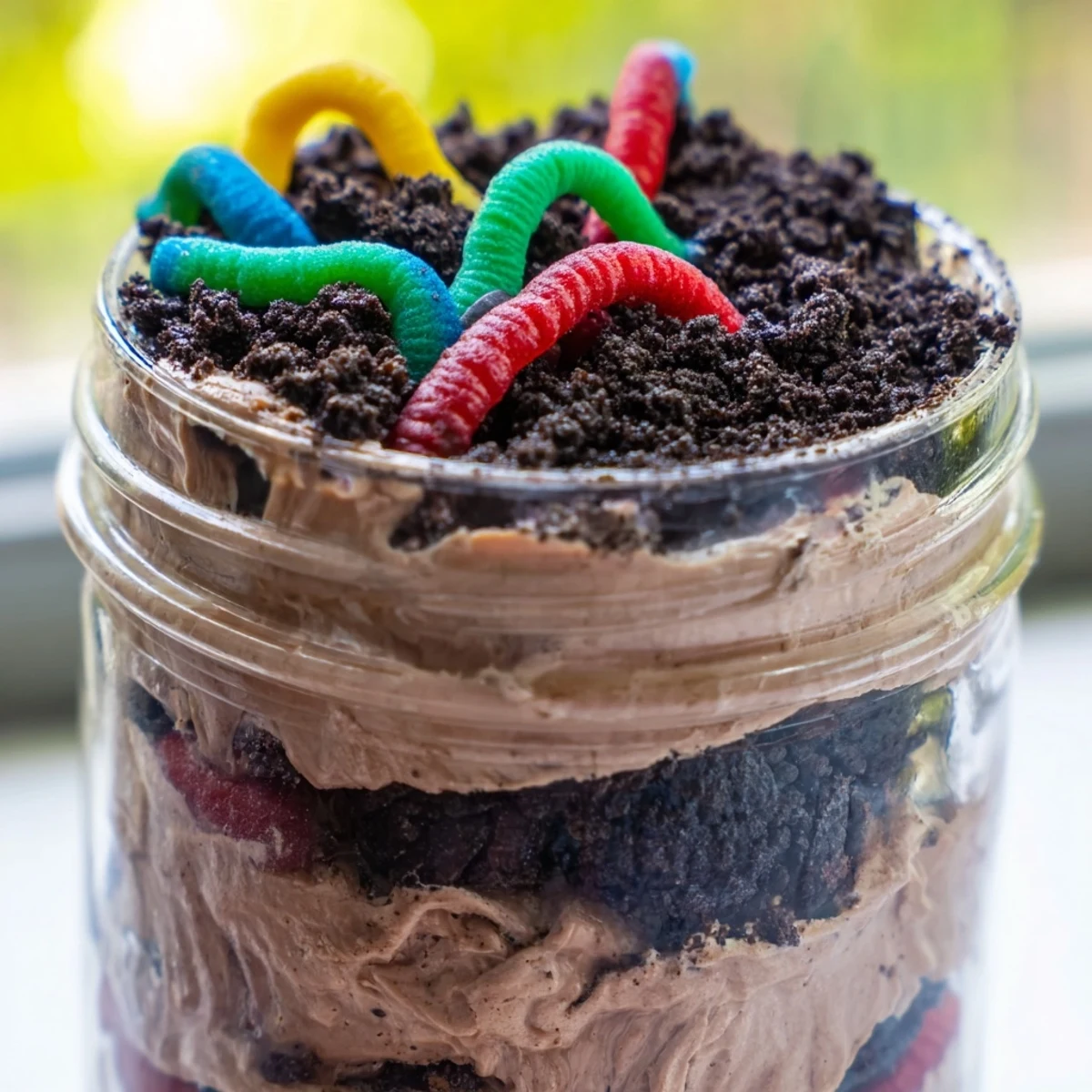 Rich chocolate dirt pudding layered in jars topped with Oreo cookie crumbs