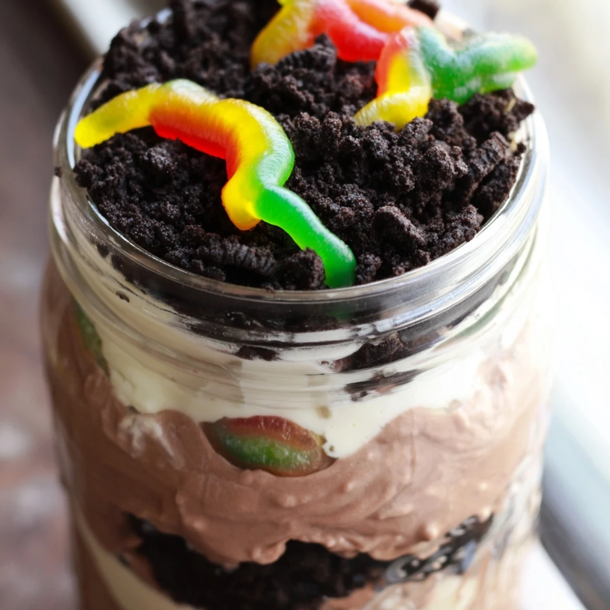 Fun dirt pudding dessert featuring chocolate pudding, cookie dirt, and gummy worms