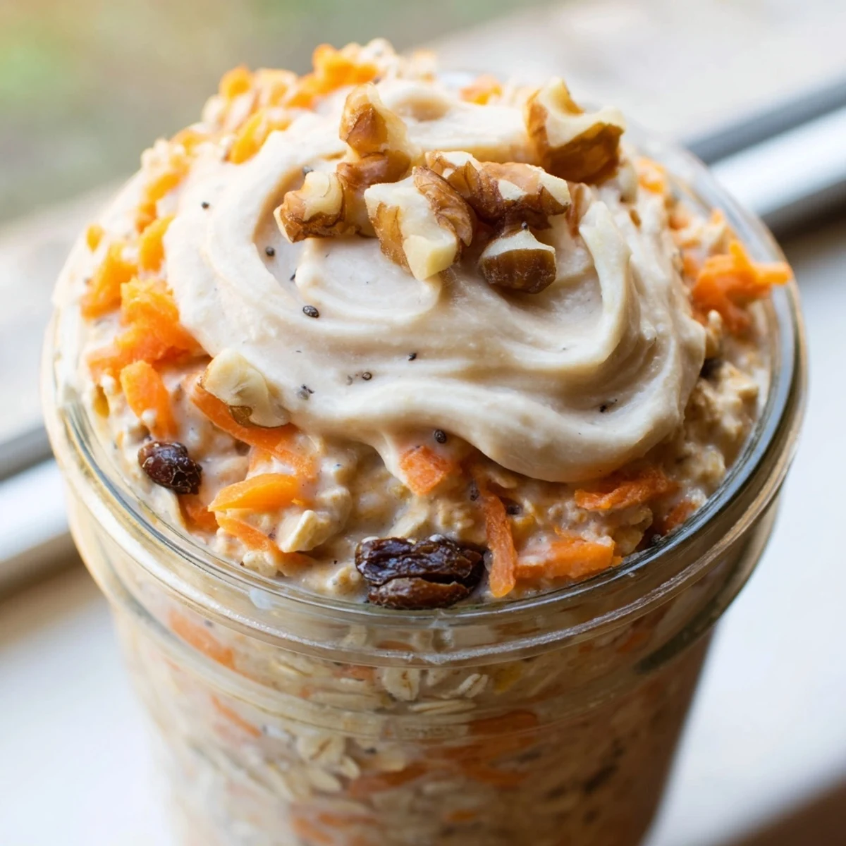 Creamy carrot cake overnight oats topped with walnuts and a drizzle of frosting