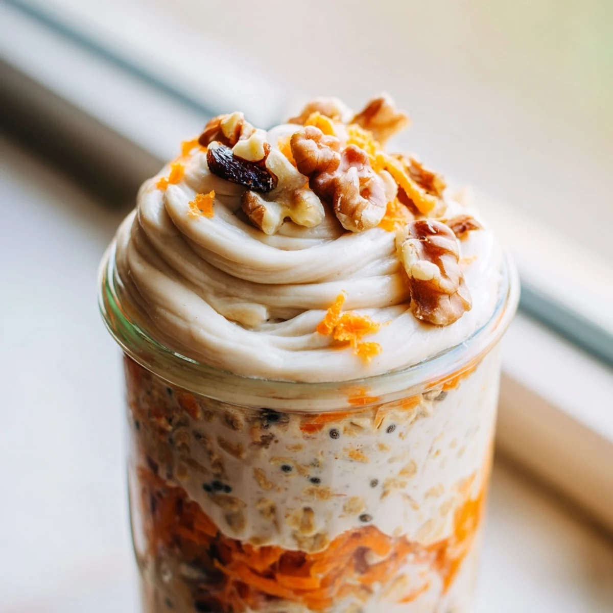 Carrot cake overnight oats in a mason jar with grated carrots and raisins
