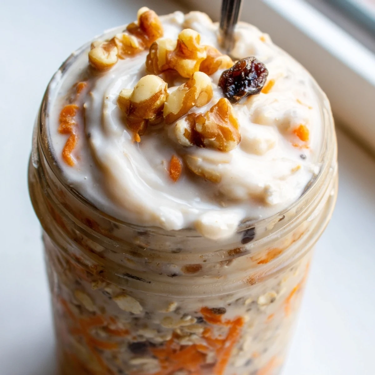 Thick spiced carrot cake overnight oats served cold with cream cheese and pecans