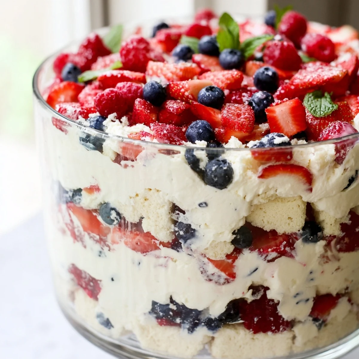 Red White Blue Mixed Berry Yum Yum layered in a clear trifle bowl with fresh strawberries and blueberries