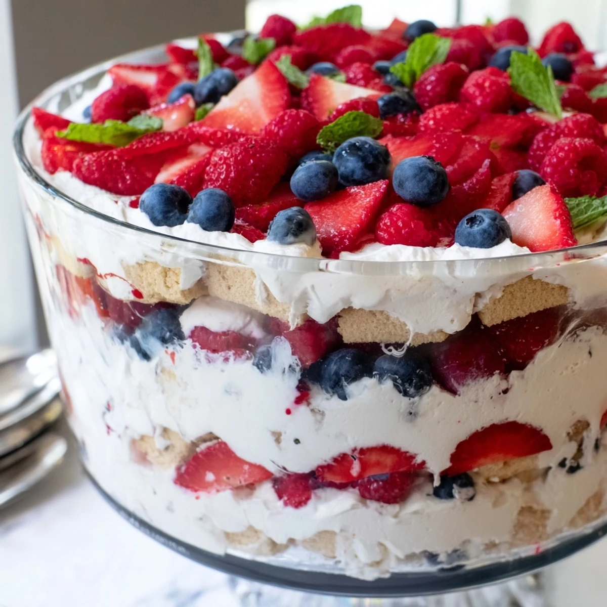 Creamy Red White Blue Mixed Berry Yum Yum served in individual glasses topped with ripe summer berries