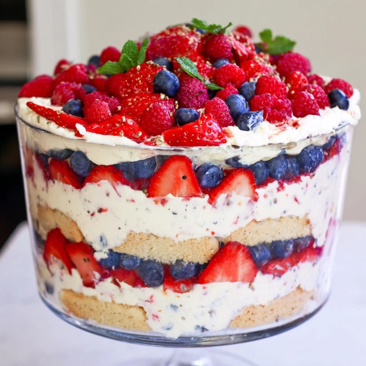Colorful Red White Blue Mixed Berry Yum Yum featuring whipped filling and crushed shortbread cookie layers