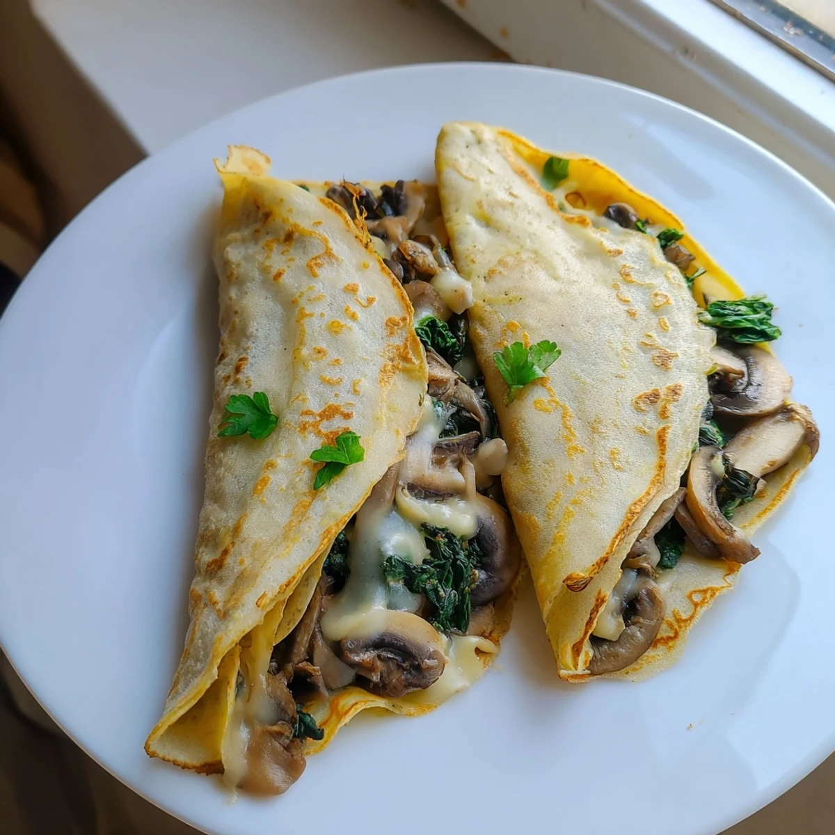 Golden savory crepes filled with sautéed spinach, mushrooms, and melted Gruyère cheese on a white plate