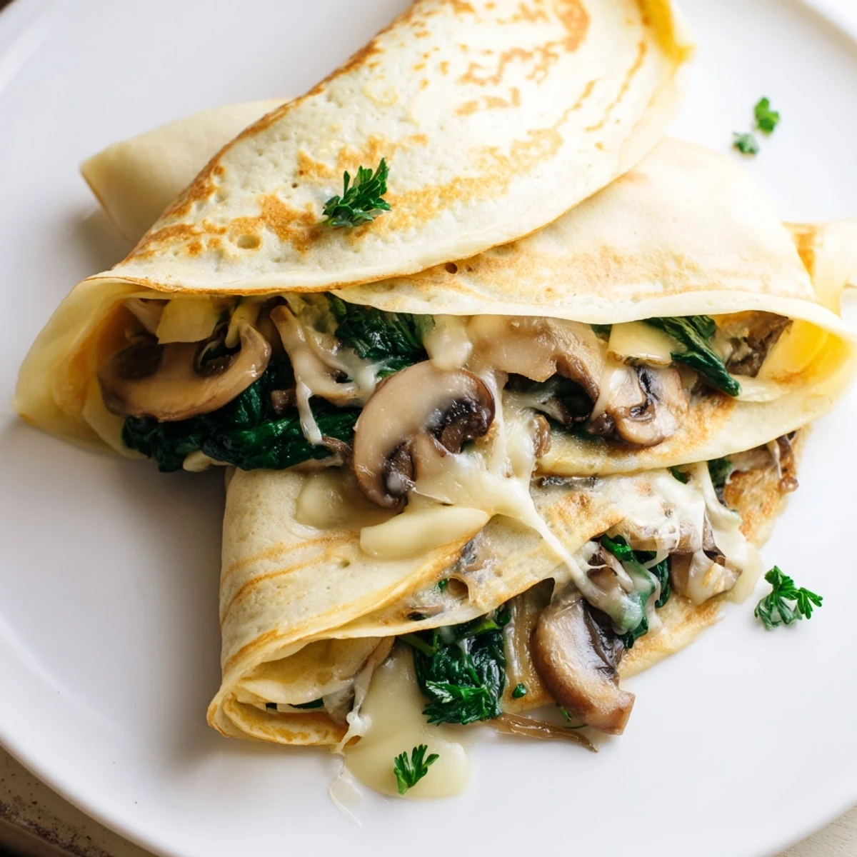 Thin French savory crepes rolled around a warm spinach and mushroom filling, sprinkled with fresh herbs
