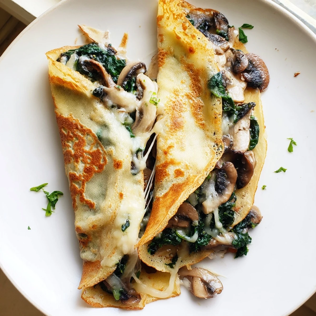 Savory crepes folded over creamy cheese and golden sautéed vegetables, served hot on a rustic dish