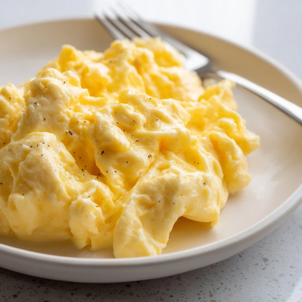Creamy scrambled eggs piled on a white plate with golden buttery curds