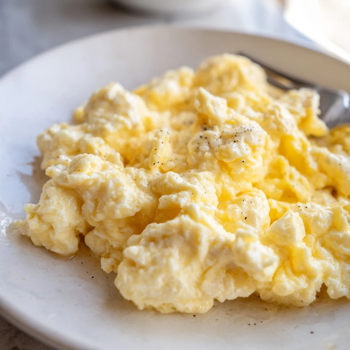 Soft yellow scrambled eggs in a cast iron skillet with melted butter