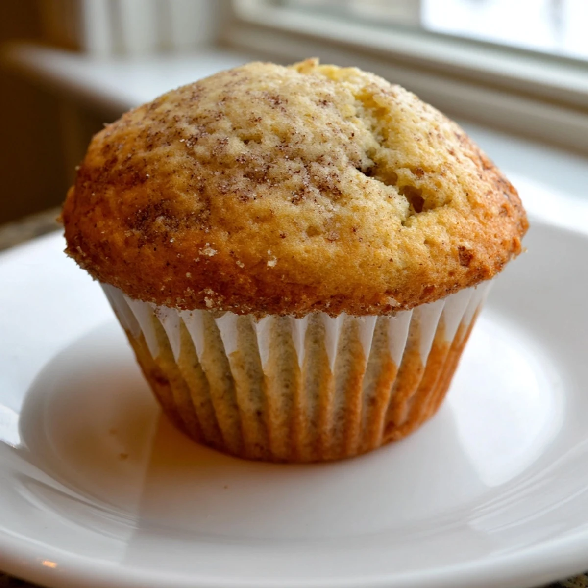 Freshly baked banana muffins with cracked tops displayed on a rustic wooden board
