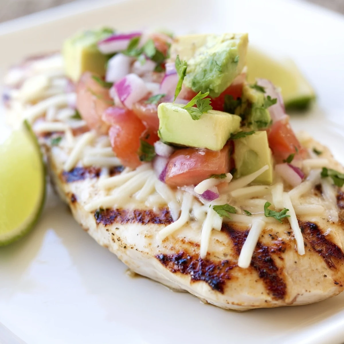 Grilled fiesta lime chicken with avocado served on a warm plate
