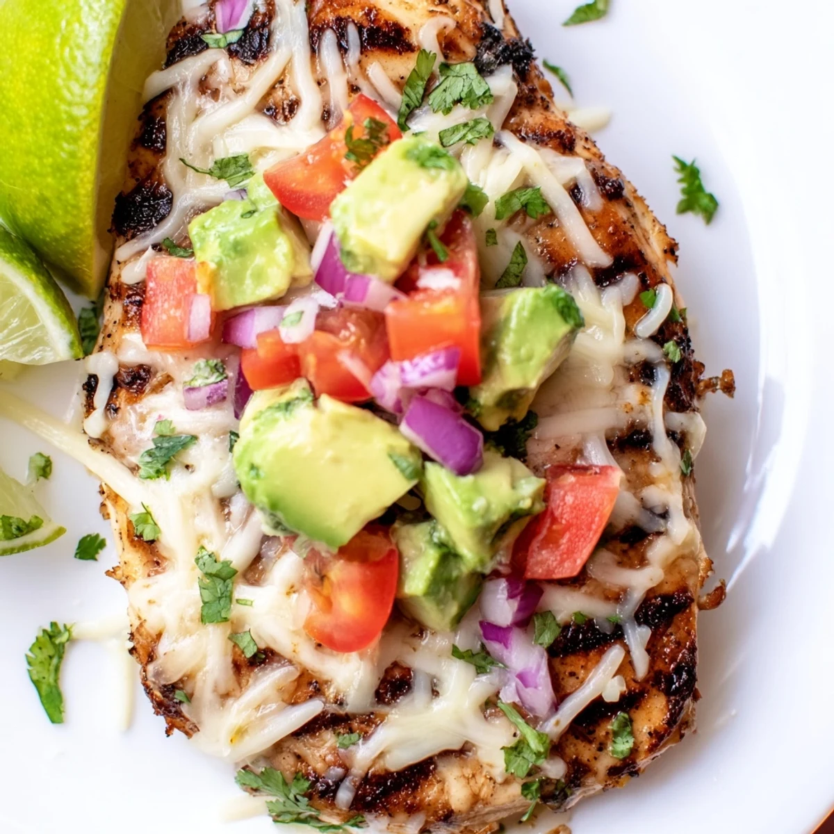 Zesty fiesta lime chicken topped with creamy diced avocado and cilantro
