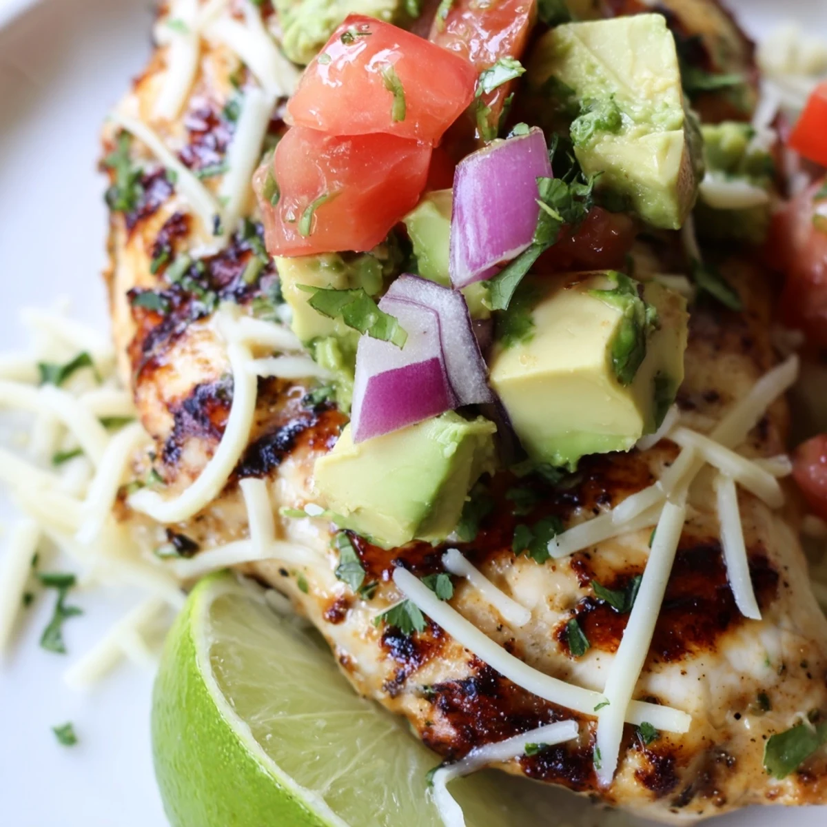 Sliced fiesta lime chicken with fresh avocado salsa and melted cheese