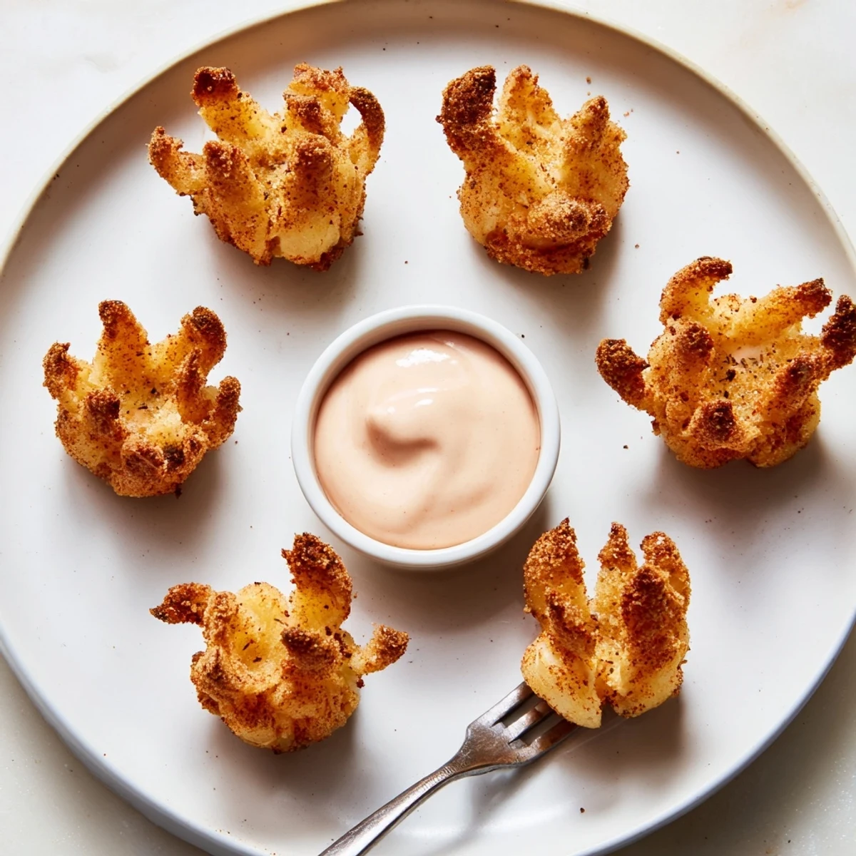 Golden crispy mini bloomin onions served with spicy horseradish dipping sauce