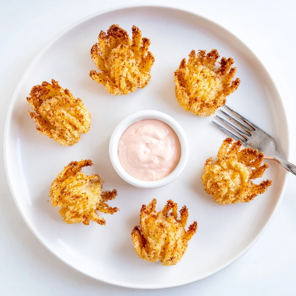 Deep-fried mini bloomin onions with crunchy golden petals arranged on a platter
