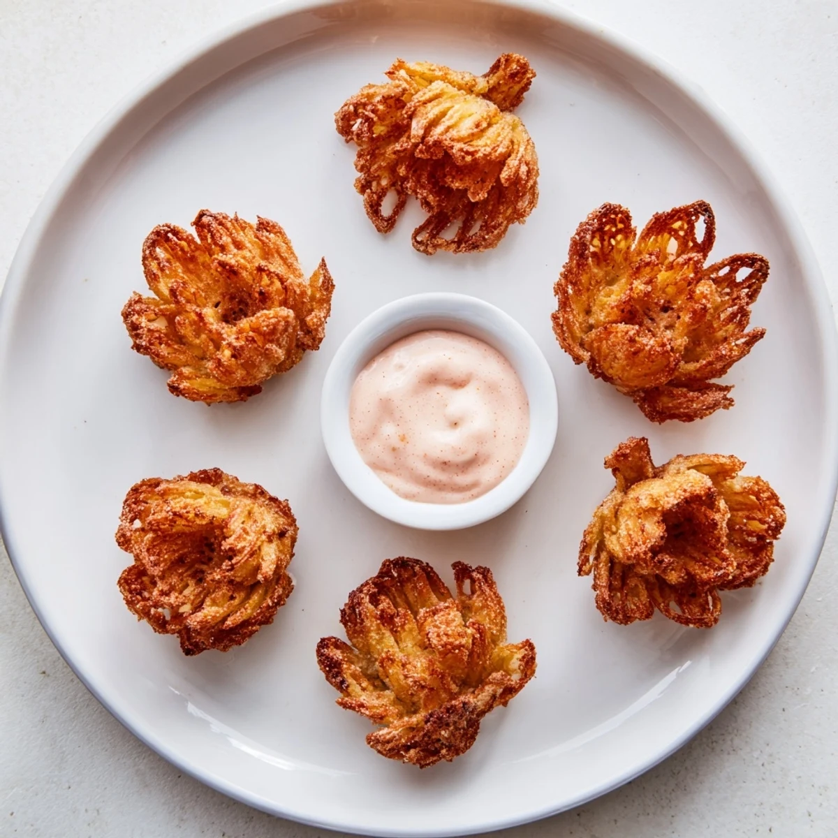 Hot mini bloomin onions glistening with oil alongside creamy pink dipping sauce