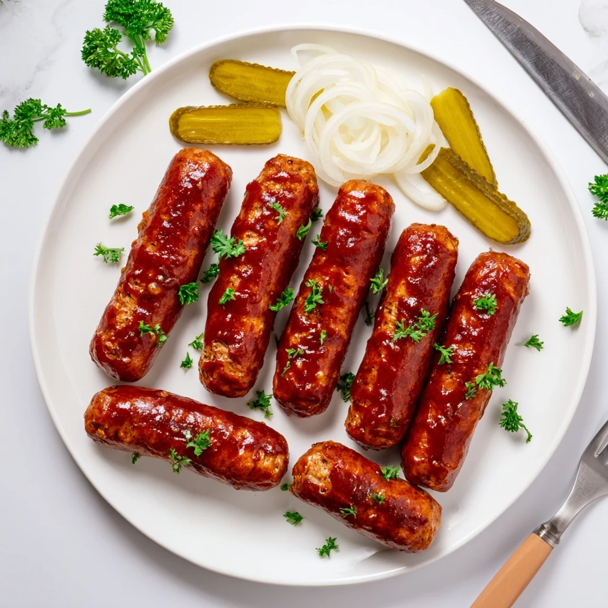 Juicy grilled BBQ sausage recipe with caramelized tangy glaze on charcoal marks