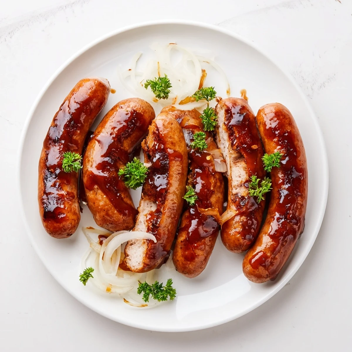 Caramelized BBQ sausage recipe resting on a grill with glossy sauce coating