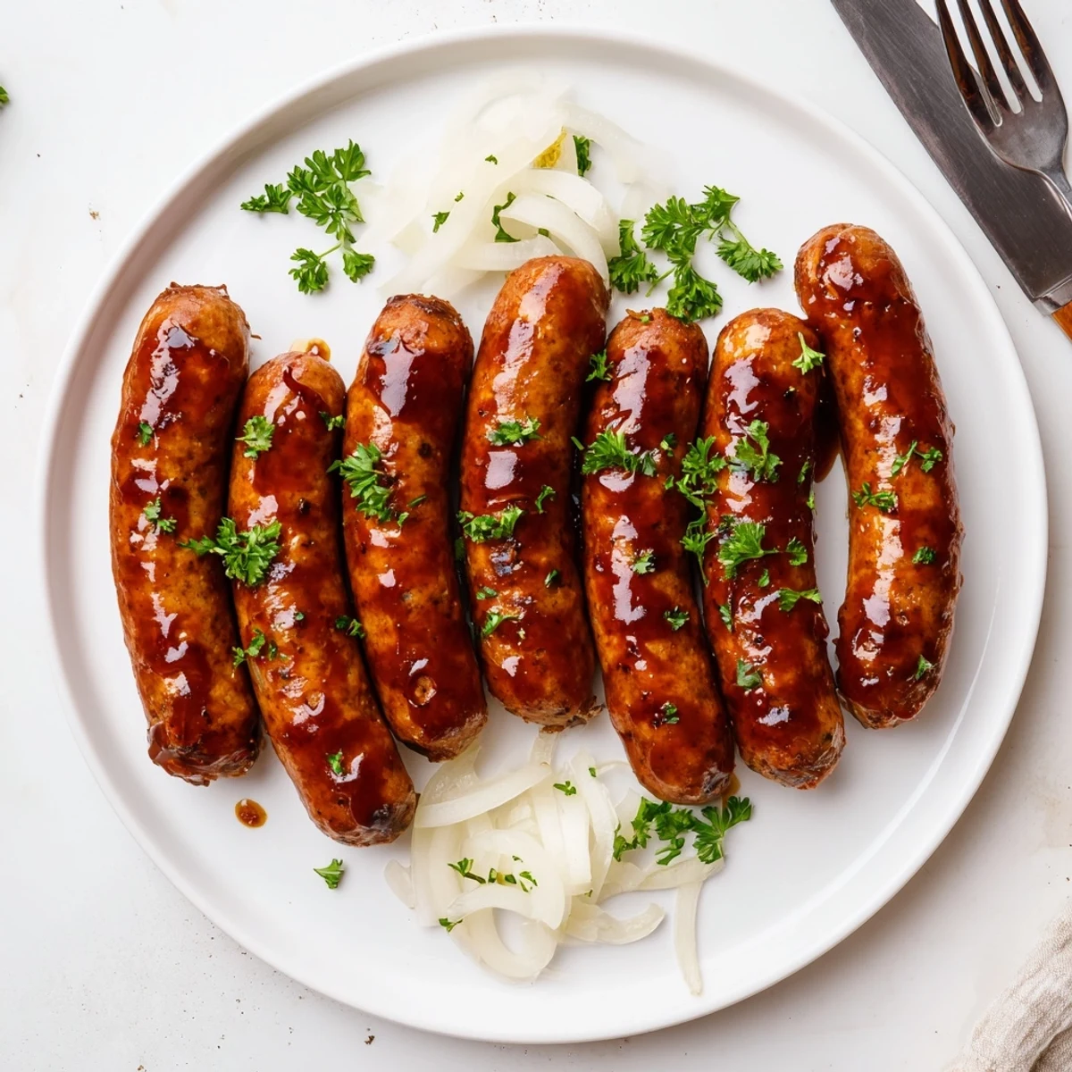 Smoky BBQ sausage recipe served in toasted buns with parsley and pickles