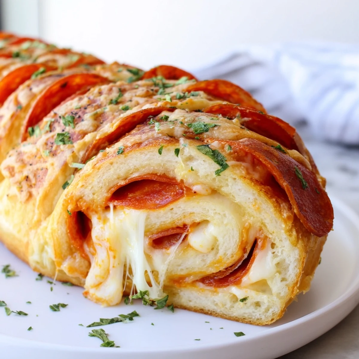 Golden pepperoni pizza roll breadsticks fresh from the oven with bubbling mozzarella
