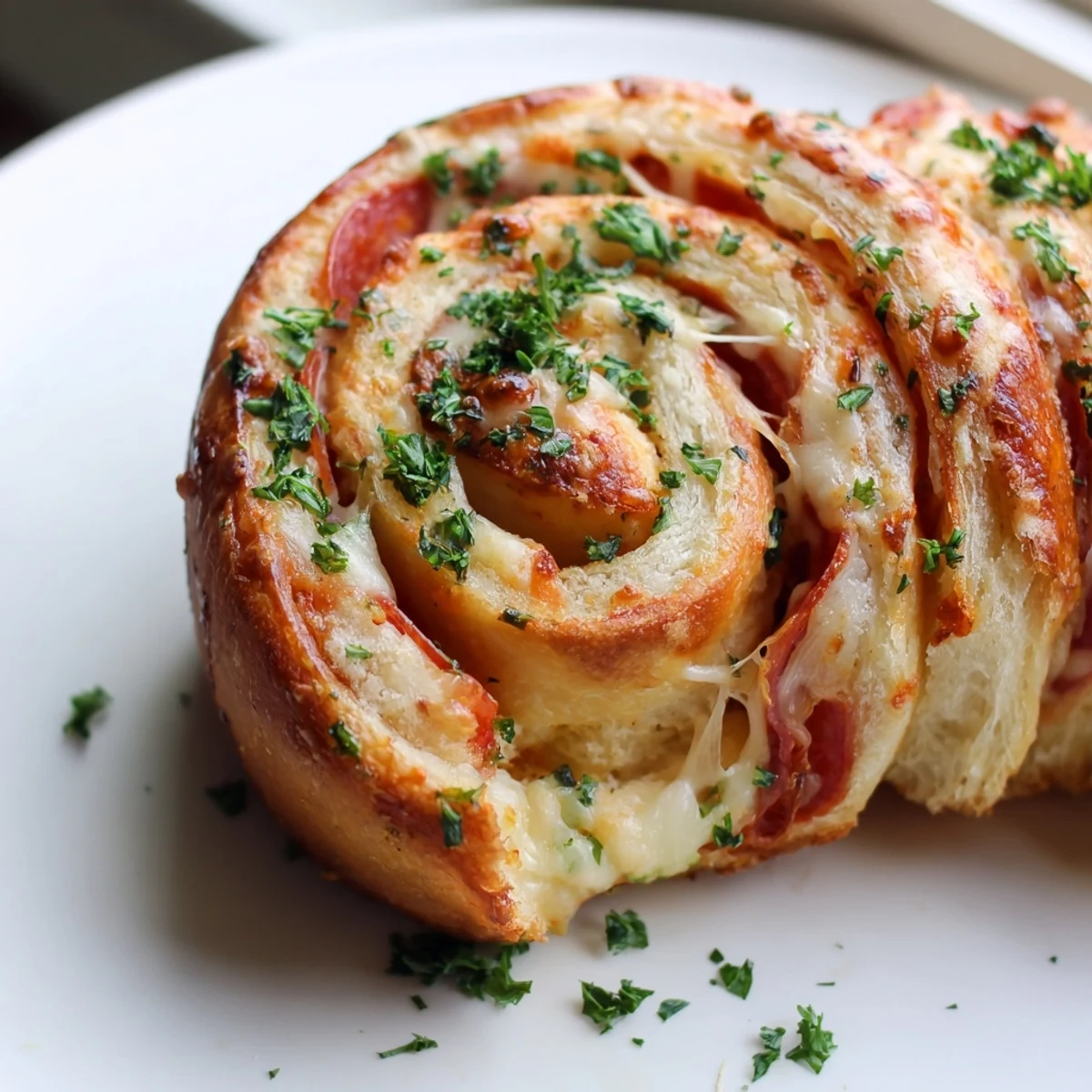 Warm pepperoni pizza roll breadsticks served alongside a bowl of marinara sauce