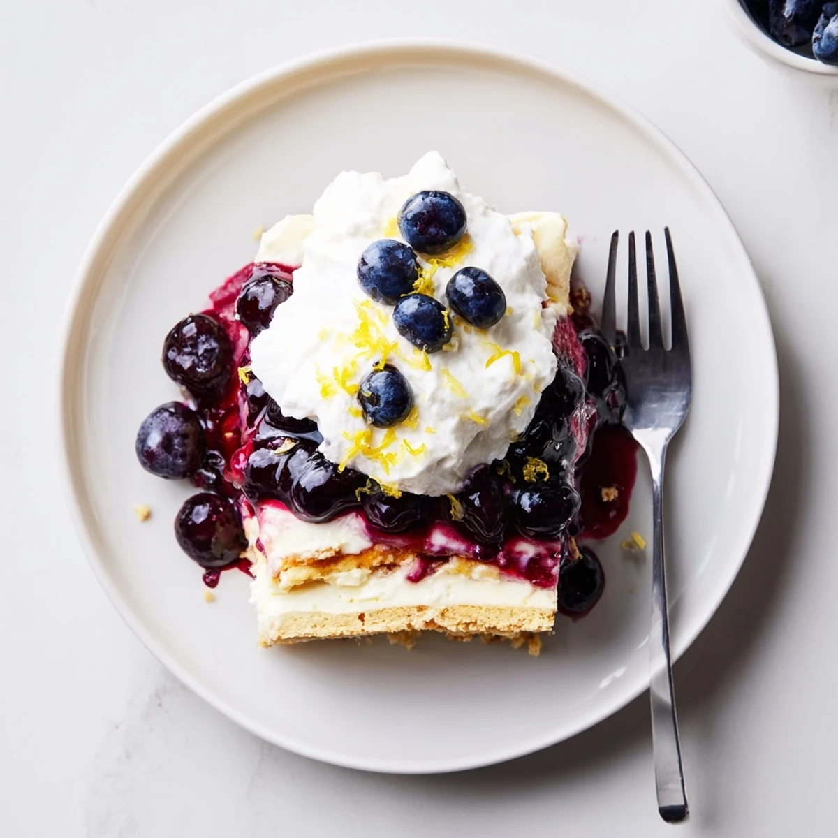 Tall square of lemon blueberry lasagna recipe showing golden crust and purple blueberry layers