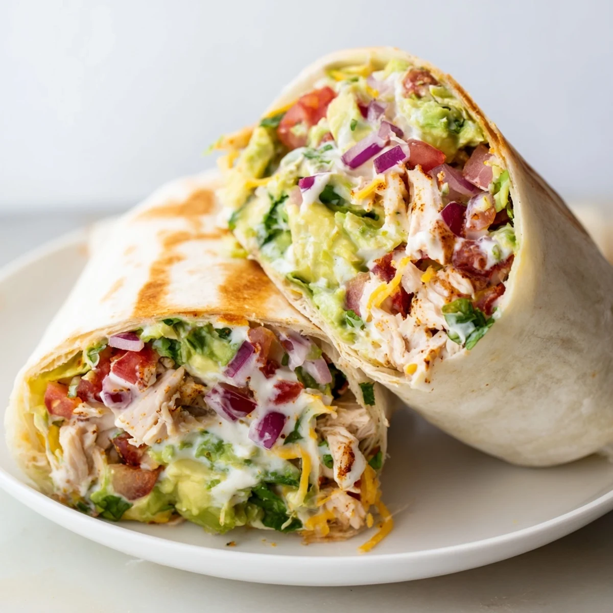 Chicken Avocado Ranch Burritos sliced open, creamy avocado and juicy chicken visible