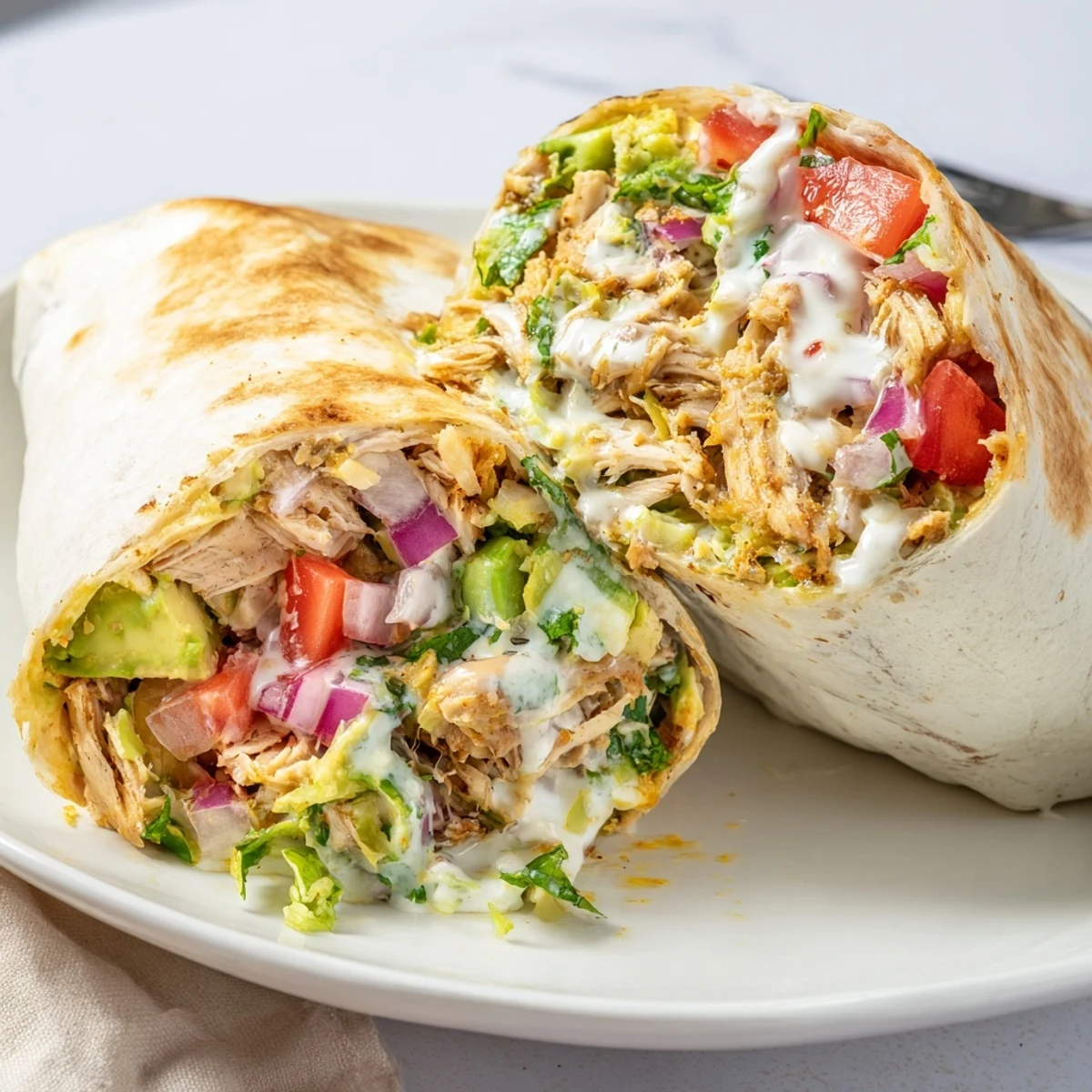 Warm Chicken Avocado Ranch Burritos with melted cheese, toasty tortilla and ranch drizzle