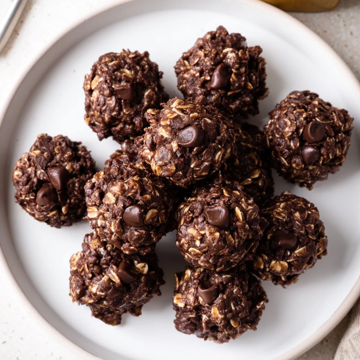 Brownie Protein Bites resting on parchment, fudgy chocolate sheen and peanut aroma