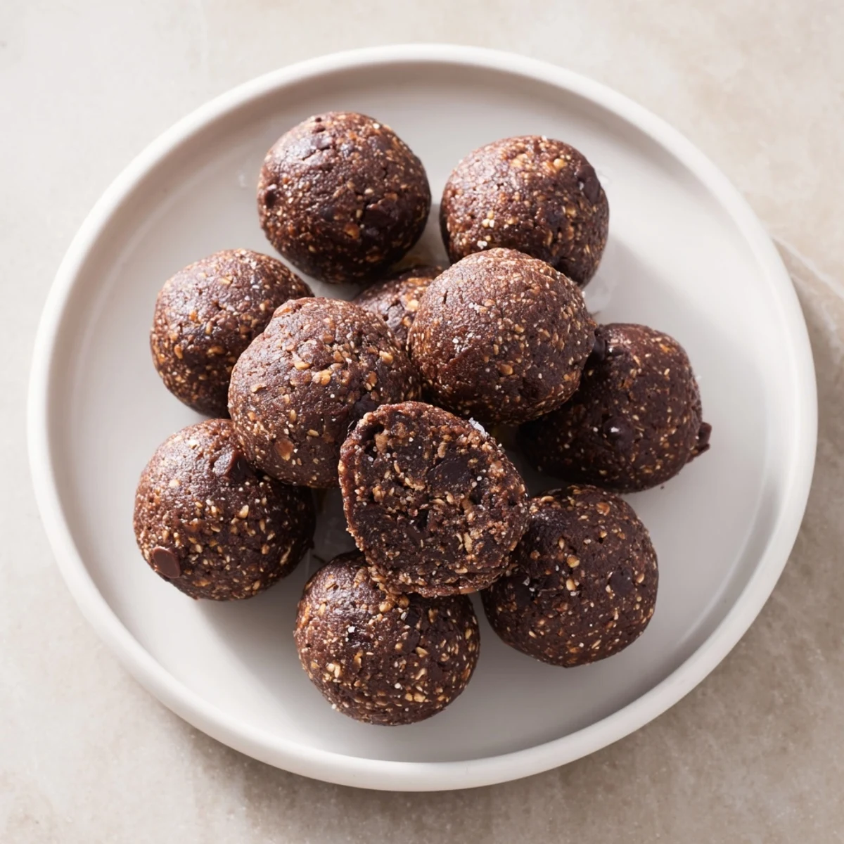 Close up Brownie Protein Bites studded with dark chips and rich cocoa aroma