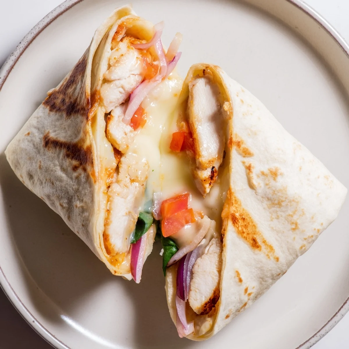 Pan-grilled Cozy Cheesy Garlic Chicken Wraps, gooey cheese and golden crust