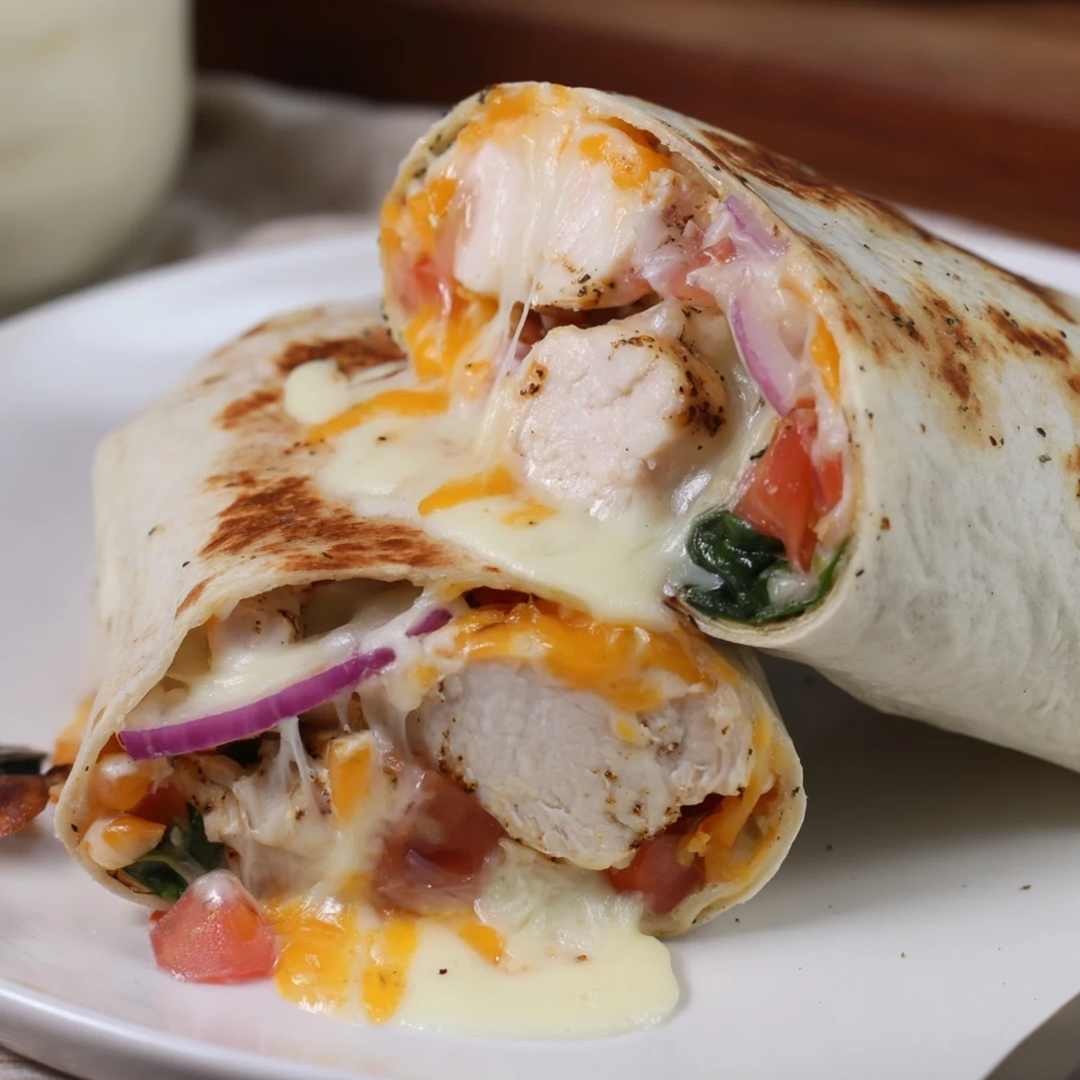 Warm Cozy Cheesy Garlic Chicken Wraps served halved with bright tomato and spinach