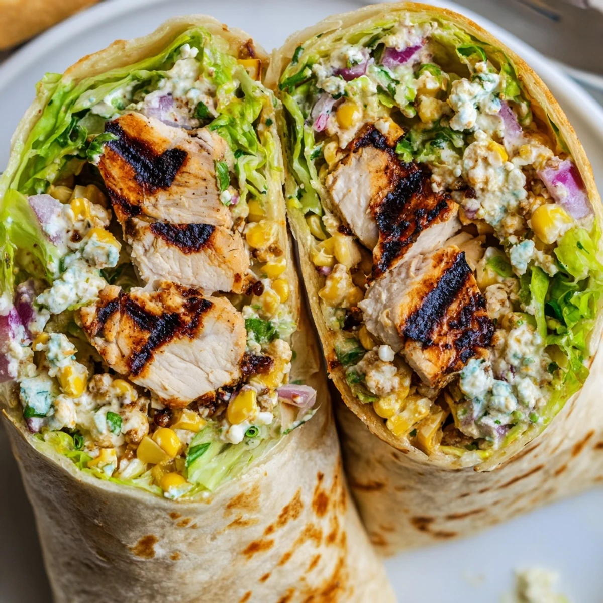 Bright, creamy corn filling, chicken and cilantro in Quick Mexican Street Corn Chicken Wraps