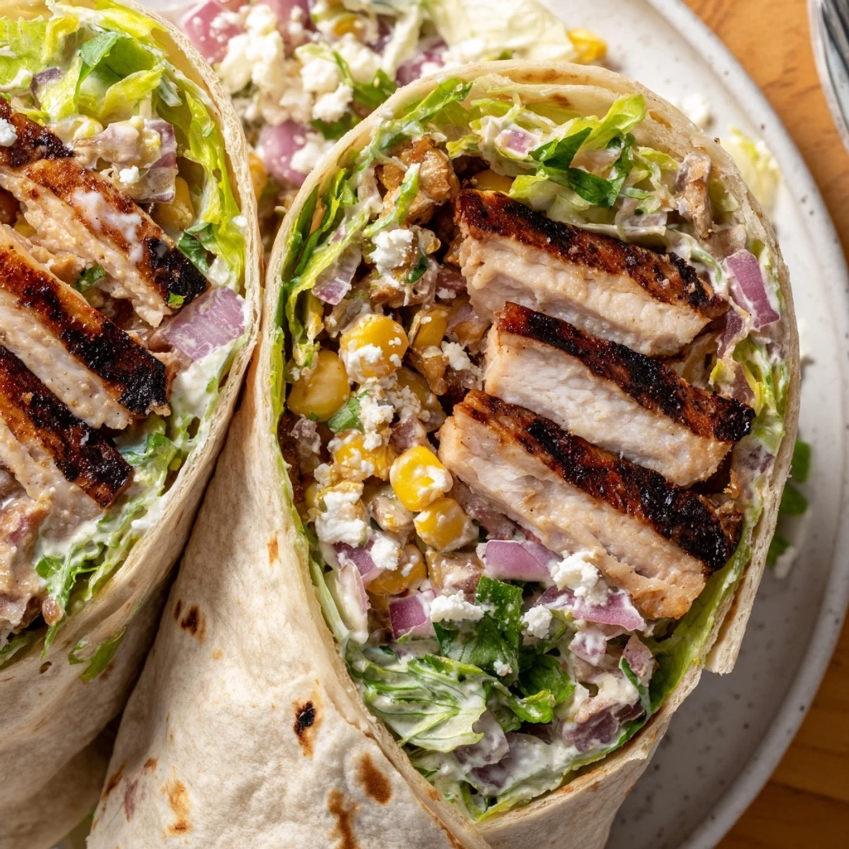 Handheld Quick Mexican Street Corn Chicken Wraps, warm tortillas rolled and lime wedges