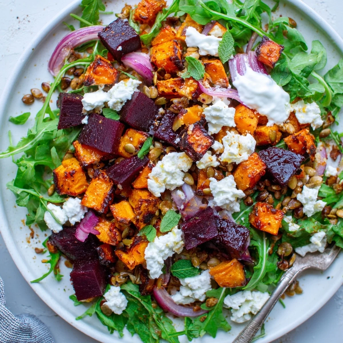 Creamy Roasted Beet Salad With Sweet Potato Feta, warm caramelized beets and tangy feta