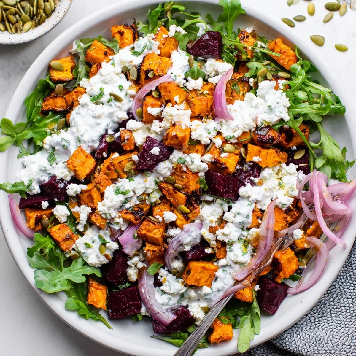 Toasted seeds, herb garnish finish Creamy Roasted Beet Salad With Sweet Potato Feta