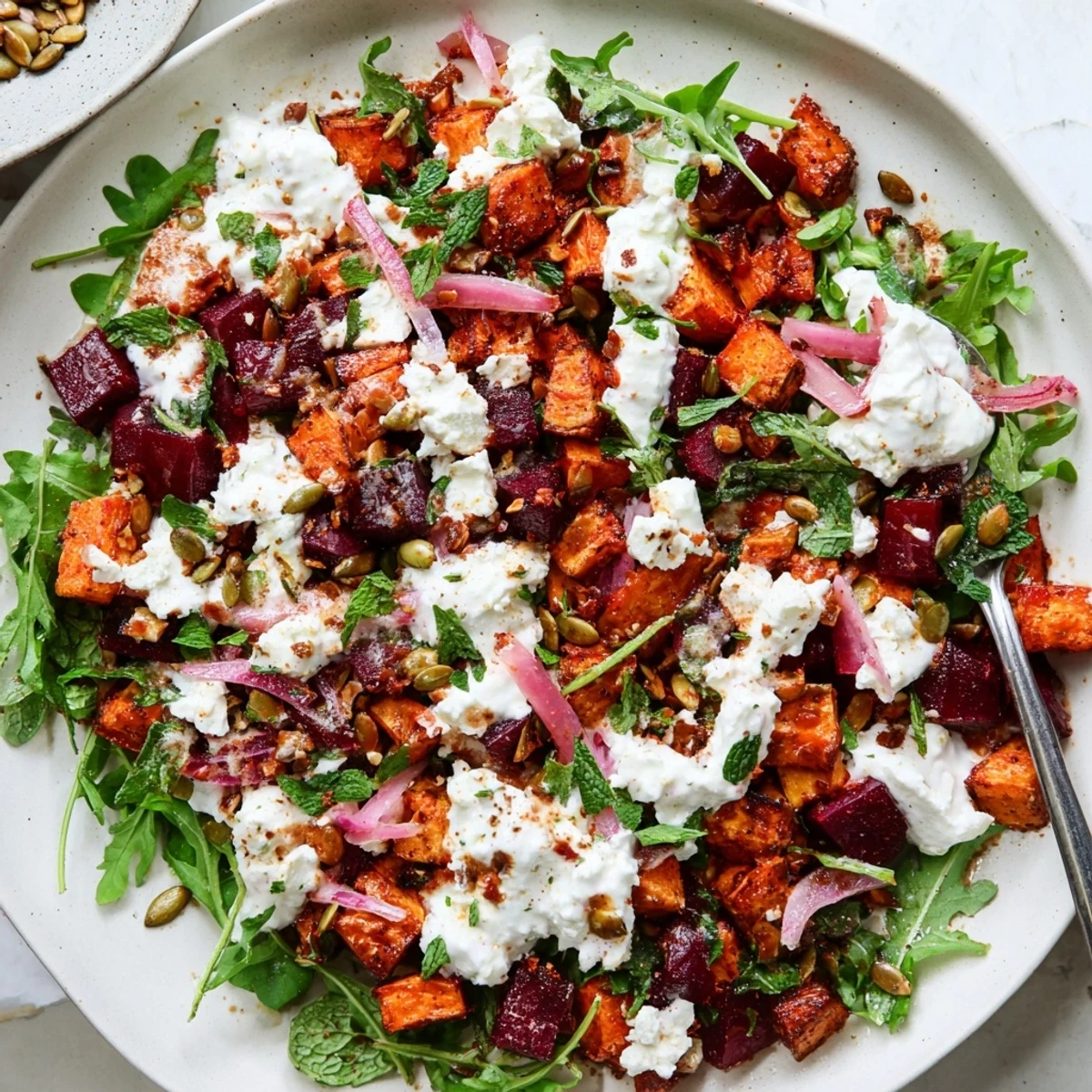 Warm arugula topped with Creamy Roasted Beet Salad With Sweet Potato Feta, lemony dressing