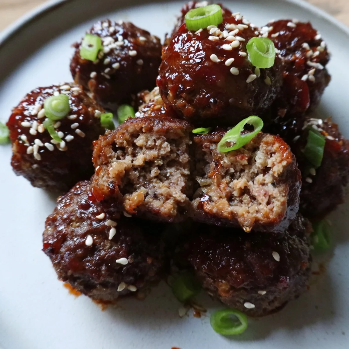 Glazed Firecracker Meatballs piled in bowl, glossy sticky sauce, sesame garnish
