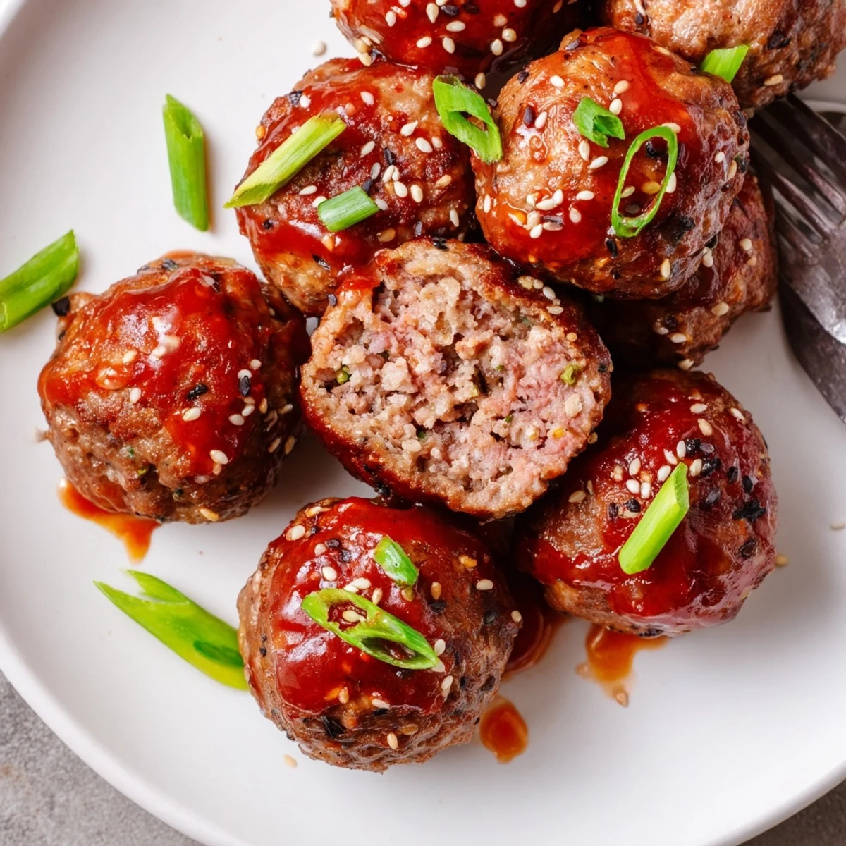 Firecracker Meatballs sizzling with spicy-sweet glaze, scallions and steaming rice