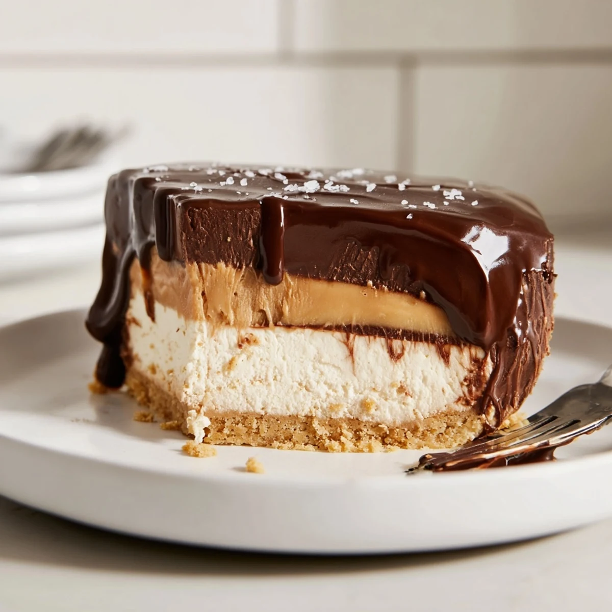Luxurious Millionaire Cheesecake with glossy chocolate ganache and salted caramel layer