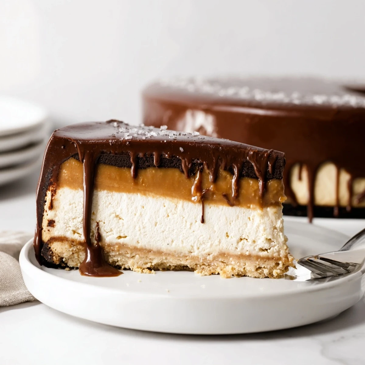 Sliced Luxurious Millionaire Cheesecake showing creamy filling, crunchy biscuit base