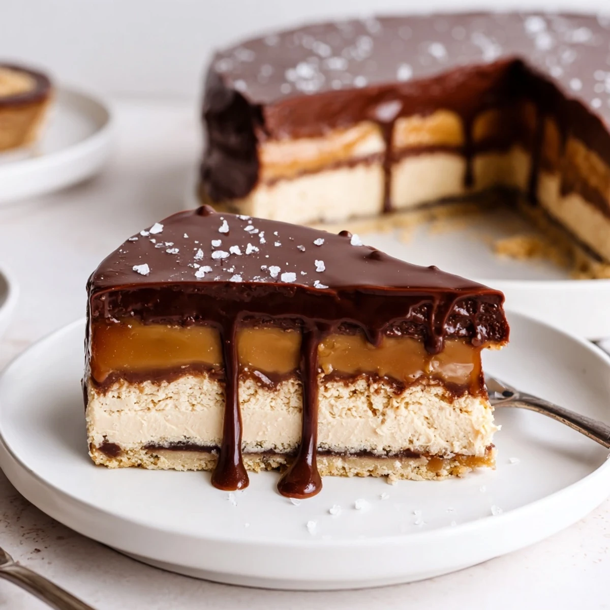 Decadent Luxurious Millionaire Cheesecake plated with espresso, flaky sea salt sprinkle