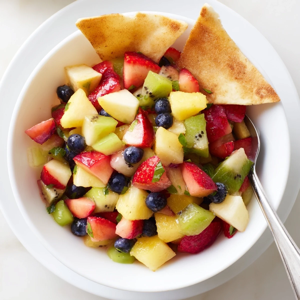 Fruit Salsa With Cinnamon Sugar Tortilla Chips: vibrant bowl, crunchy sweet chips for dipping