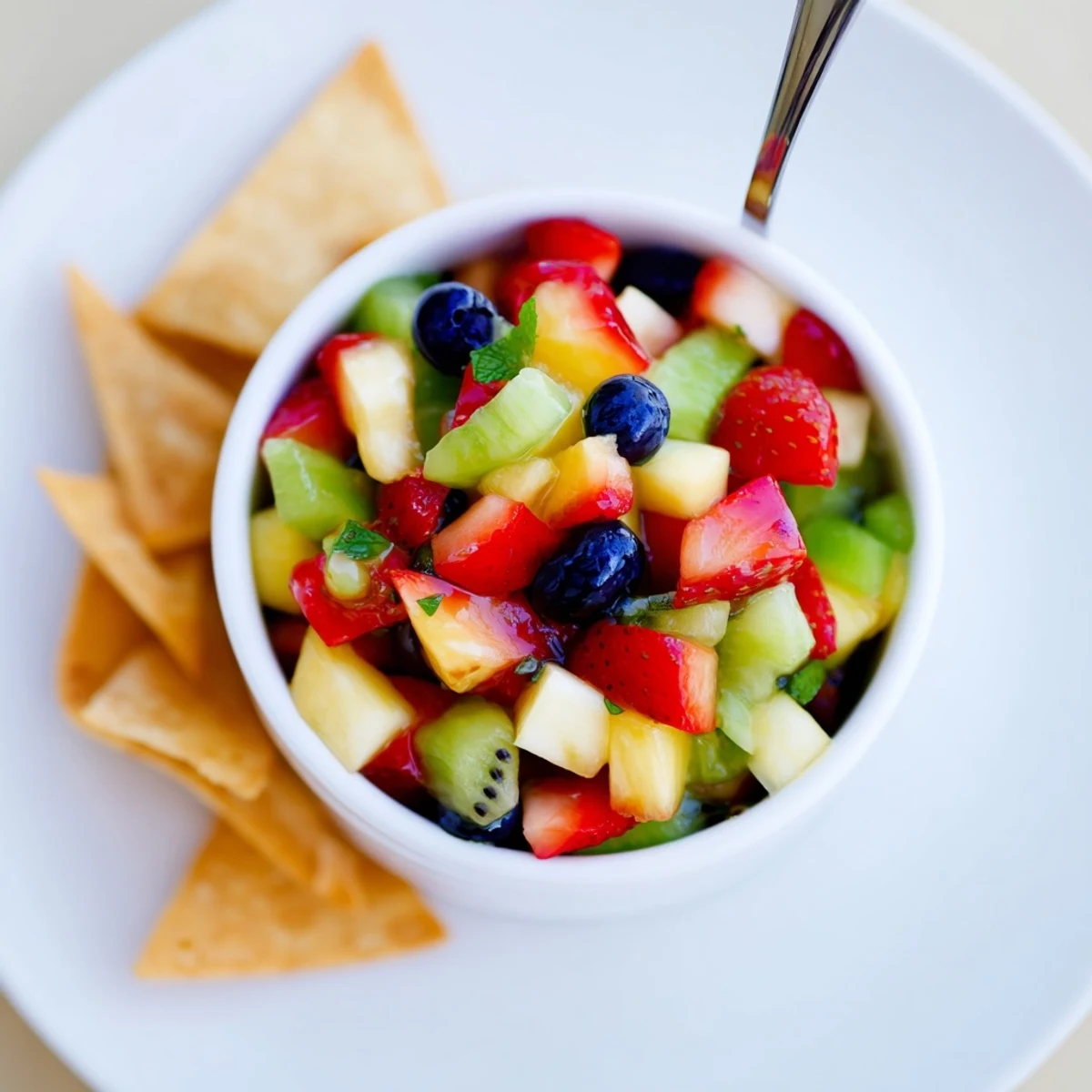 Party-ready Fruit Salsa With Cinnamon Sugar Tortilla Chips: homemade crispy wedges, lime-mint aroma
