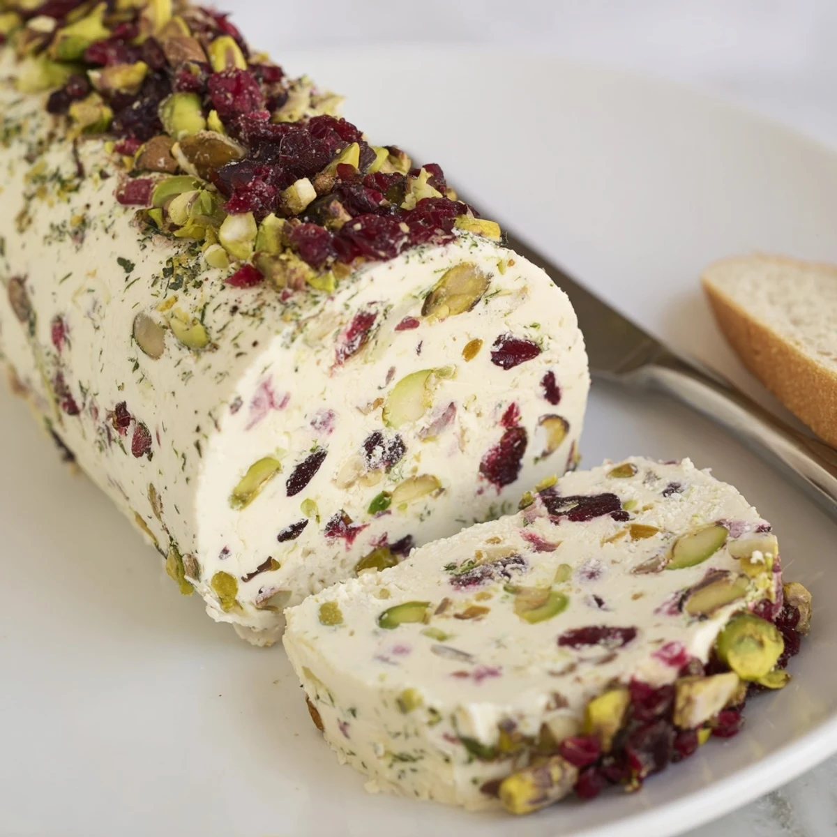 Cranberry Pistachio Cheese Log chilled, sliced with crackers for party appetizers.