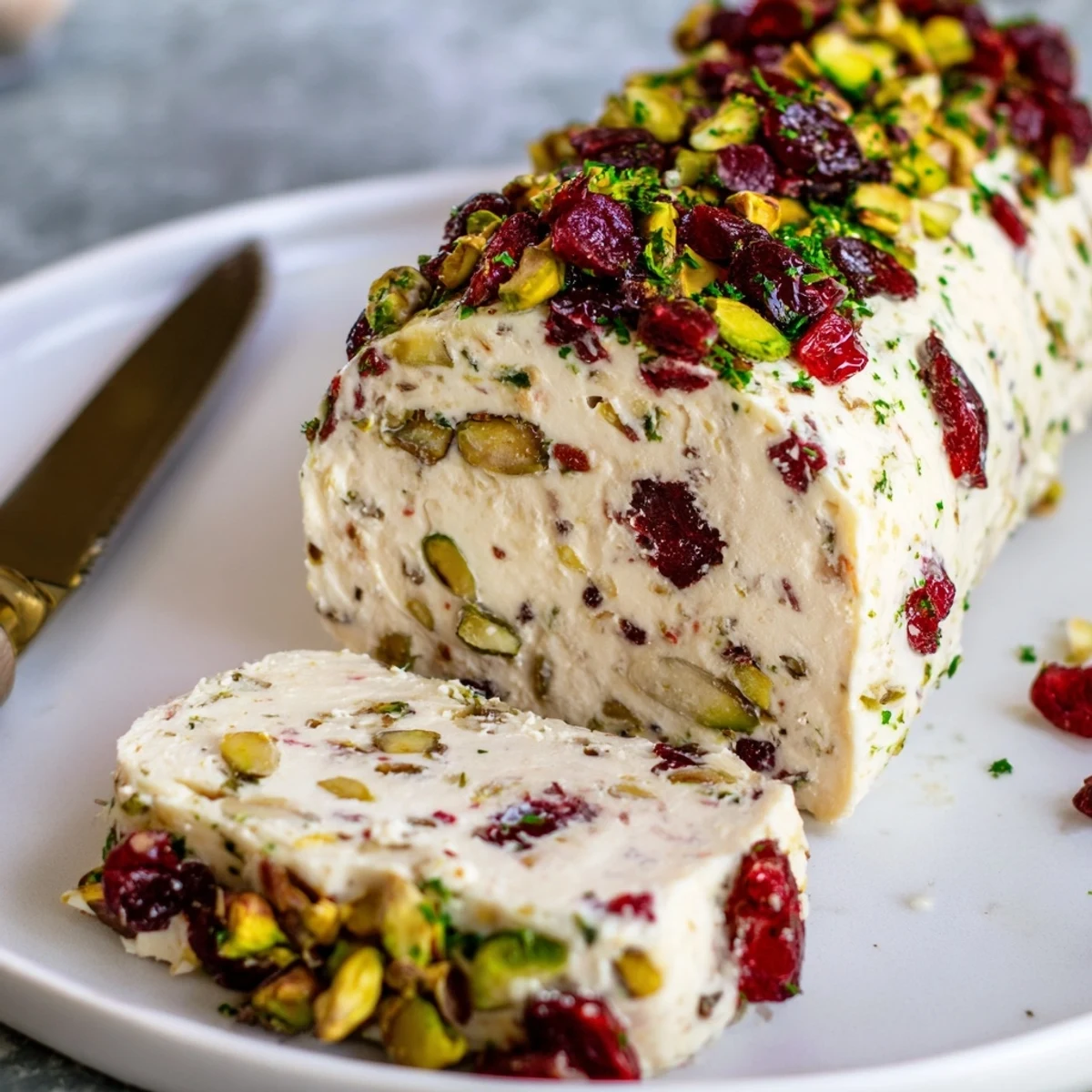 Creamy Cranberry Pistachio Cheese Log rolled in chopped nuts and cranberries.